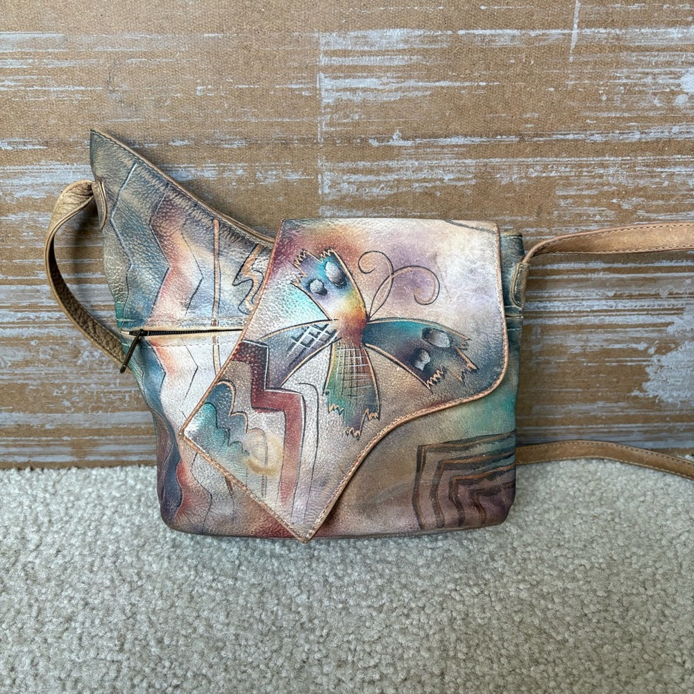 Anuschka Hand Painted Butterfly Leather Crossbody Bag Artsy  Boho Multicolor